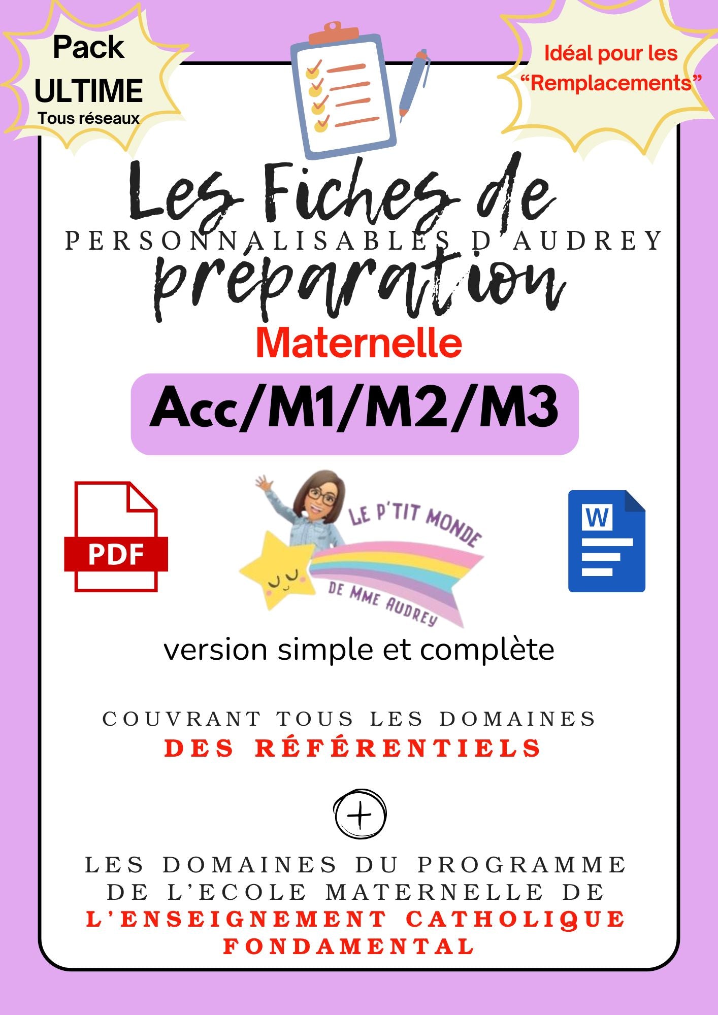Prépas personnalisables : MATERNELLES: PACK ULTIME (TOUS RESEAUX) : ACC/M1/M2/M3 : WORD (version simple + version complète)en lien avec les référentiels et les programmes de l'enseignement catholique