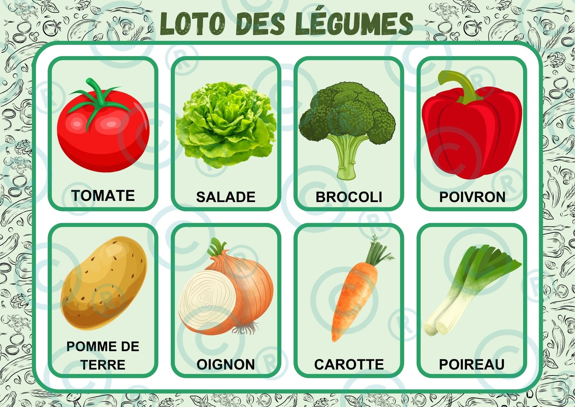 "Loto des légumes" avec mots de vocabulaire