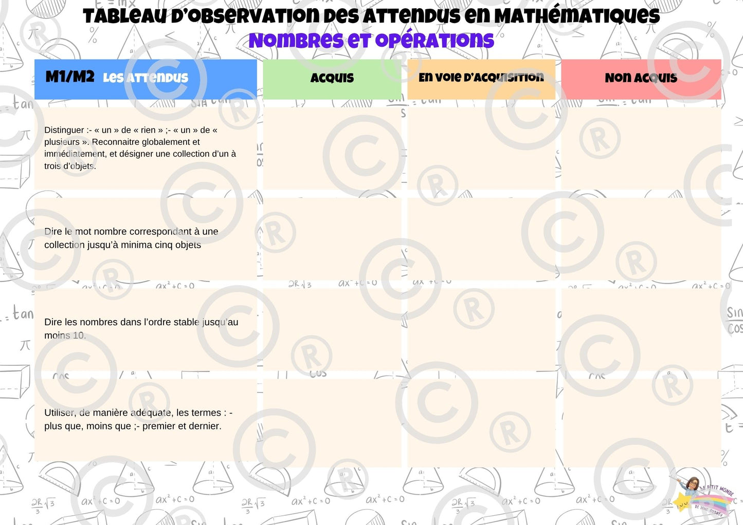 Pack complet des Tableaux d' observations des attendus M1/M2