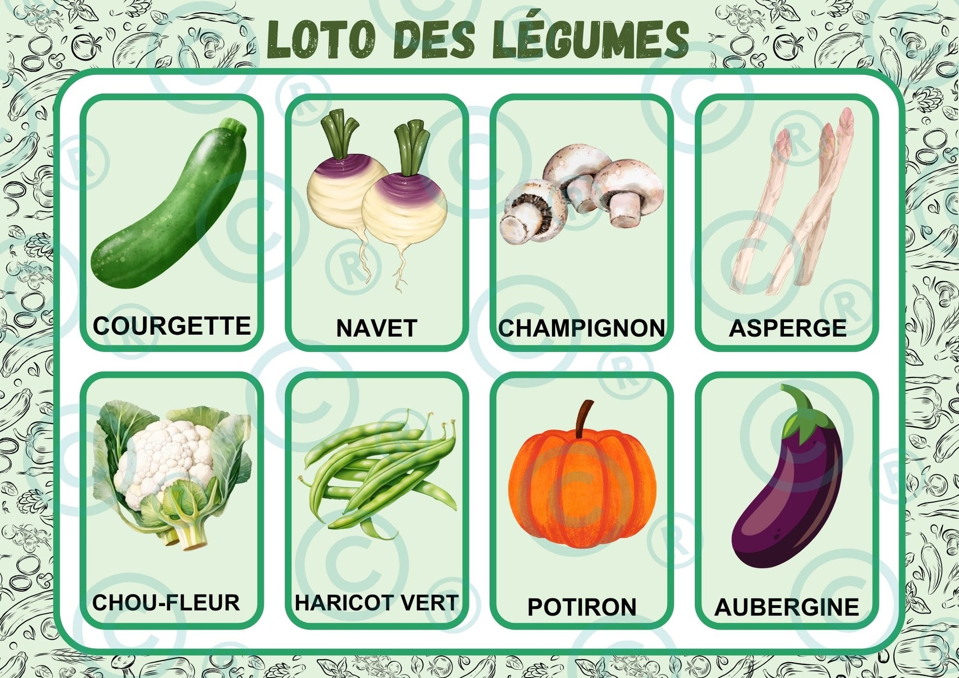 "Loto des légumes" avec mots de vocabulaire