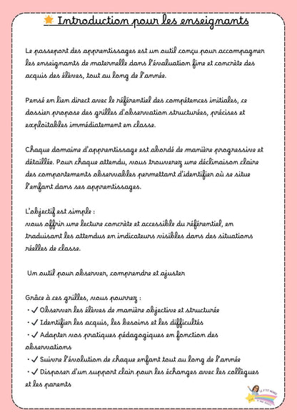 Passeport des apprentissage ( grilles d'observations + étiquettes des progrès)