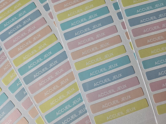 STICKERS RECTANGULAIRES : ACCUEIL JEUX ( planche de 30 stickers)