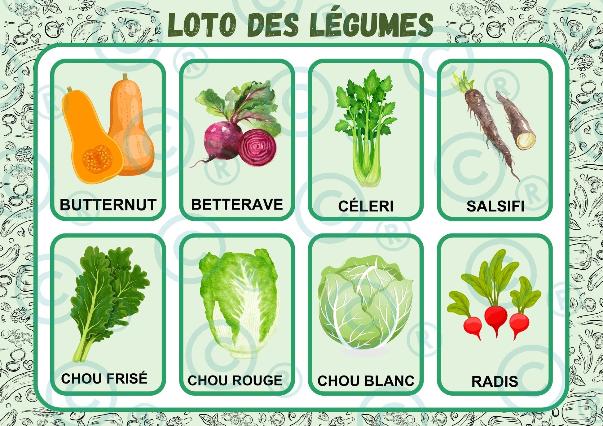 "Loto des légumes" avec mots de vocabulaire