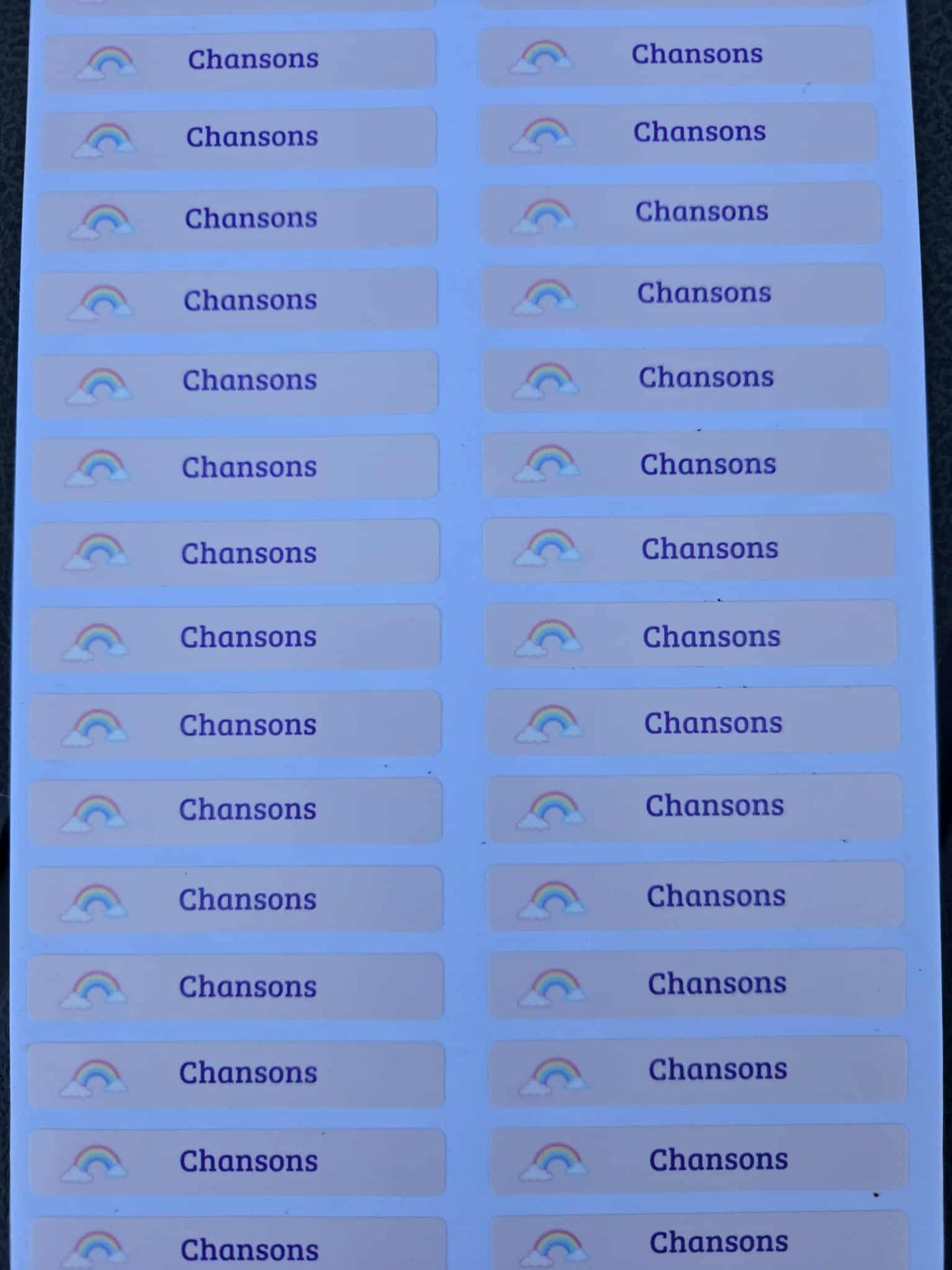 STICKERS RECTANGULAIRES: Chansons ( planche de 30 stickers)
