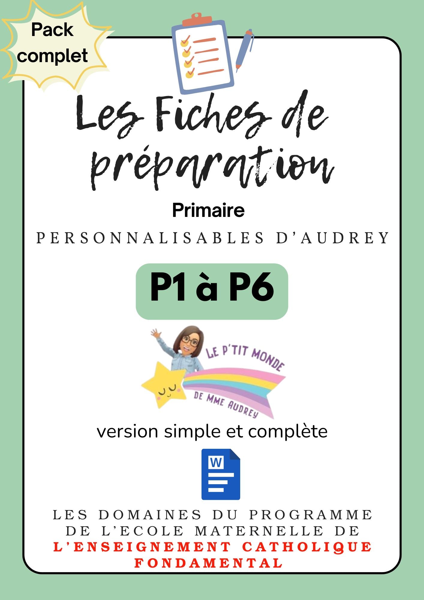 Prépas personnalisables : PRIMAIRES: Pack complet: P1 à P6 : WORD (version simple + version complète)en lien avec les programmes de l'enseignement catholique